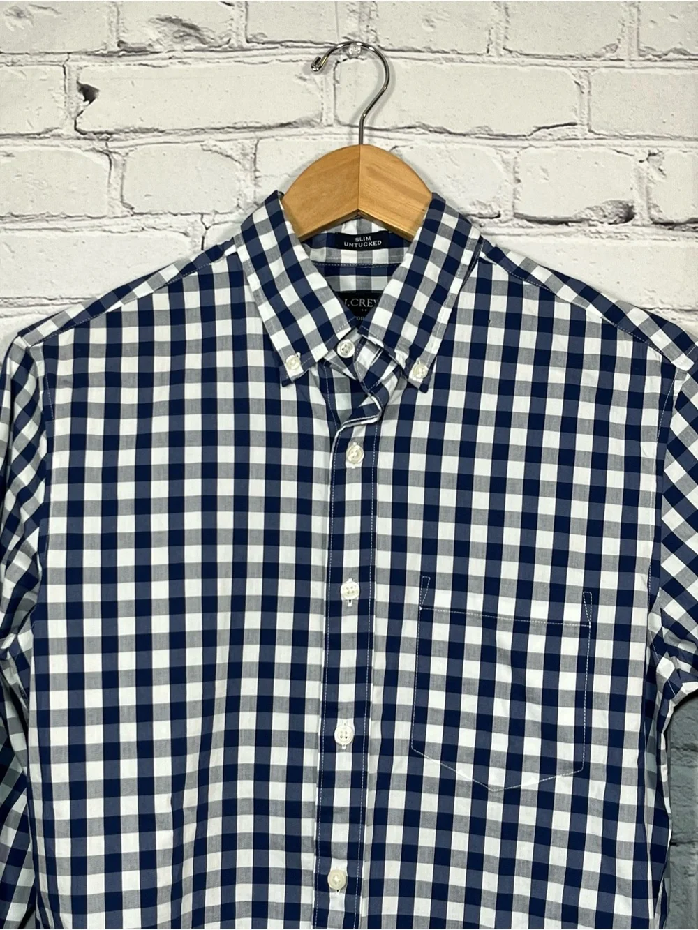 J. Crew Slim Untucked Button Up Shirt Men's Small Blue Plaid Stretch Cotton